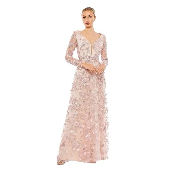Mac Duggal 70224 Floral Embroidered Long Sleeve Illusion Gown Rose Pink Size 12